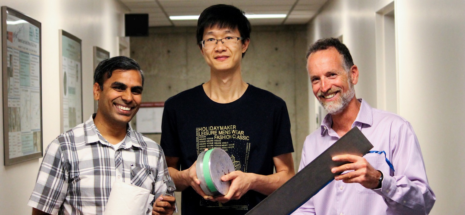 PPC Researcher Kui Pan (centre), PPC Faculty Associate Sheldon Green (right) and Mechanical engineering researcher Srikanth Phani (left)